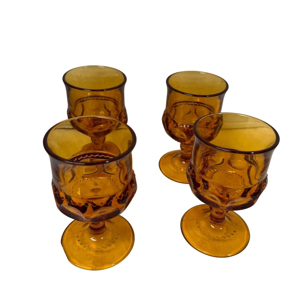 Vintage Amber Glass Goblet Embossed Pattern Stemware 4 1/2" Set of 4